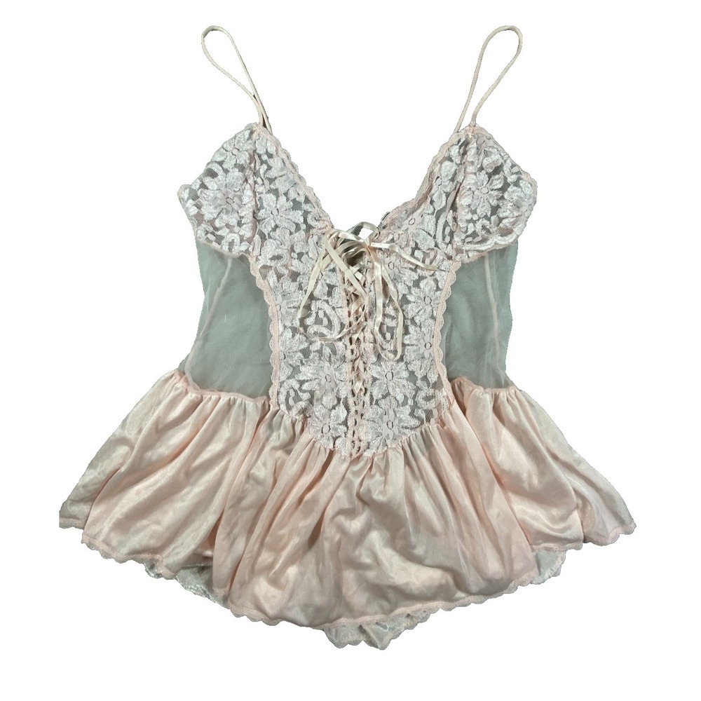Vintage Alana Gale Lace Babydoll Teddy Pink Sheer Satin Lingerie Medium Coquette